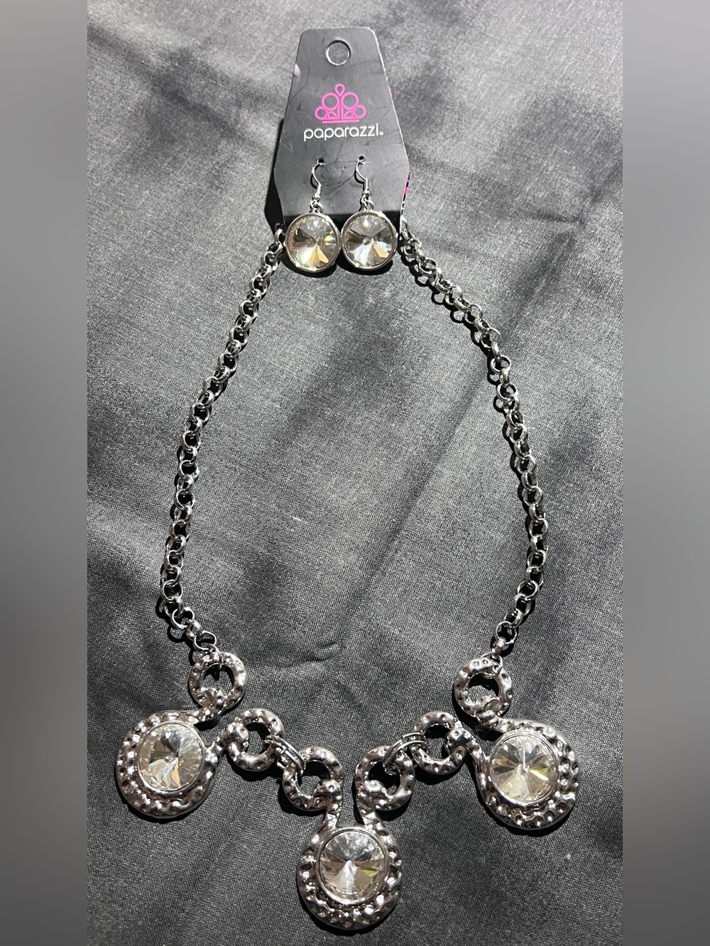 Paparazzi Silver Clear Crystal Link Necklace and Drop Earrings